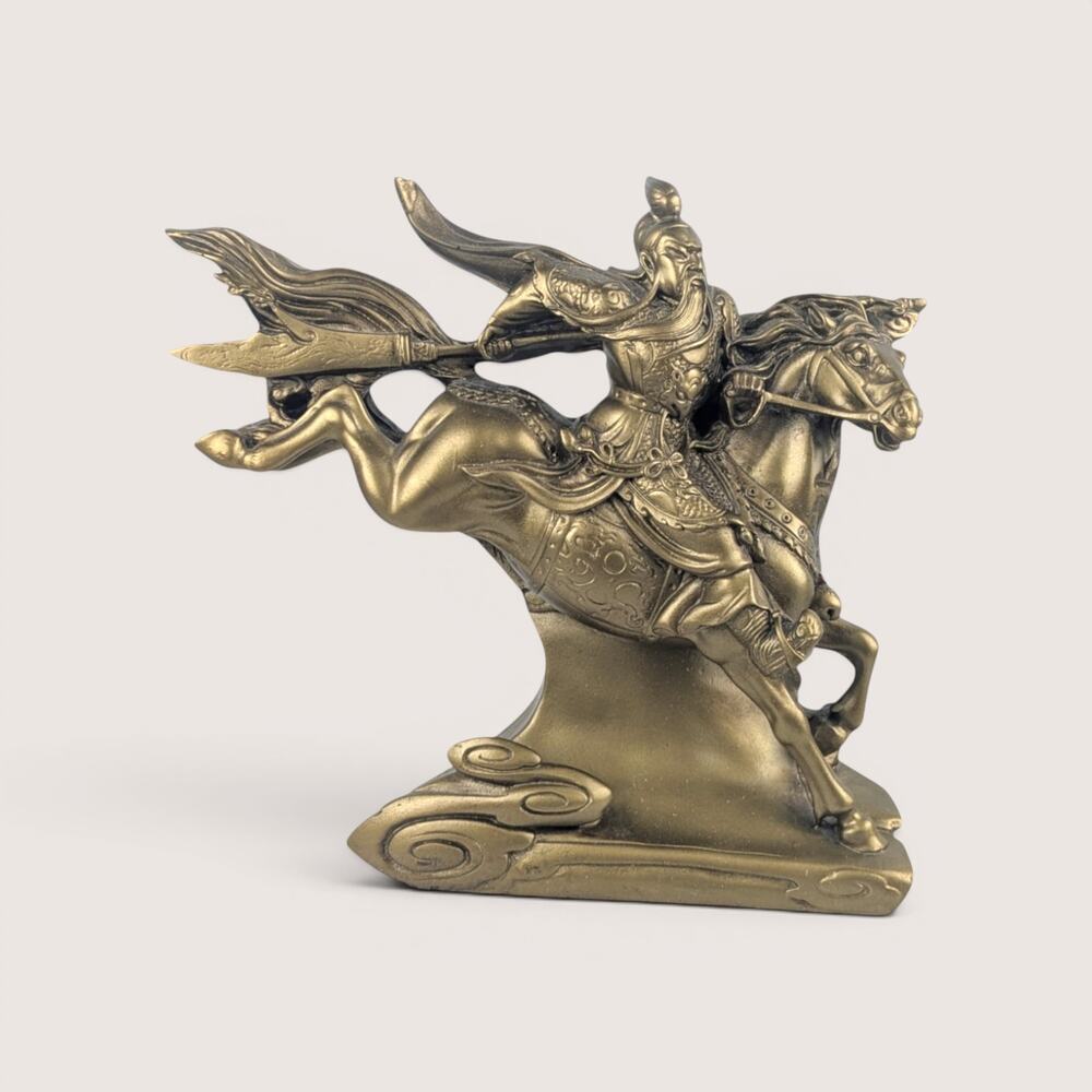 Vintage Gold Resin Chinese Guan Yu Warrior on Horse Statue